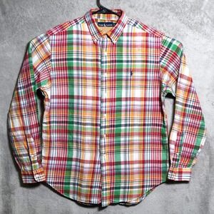 Polo Ralph Lauren Shirt Mens Large Red Green Madras Plaid Linen Classic Fit